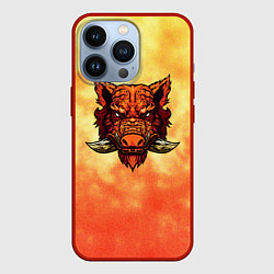 Чехол для iPhone 13 Pro Огненный дикий кабан на фоне пламени, цвет: 3D-красный