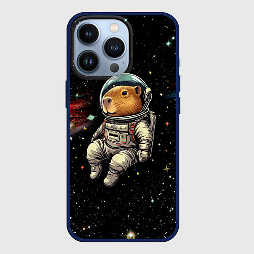 Чехол iPhone 13 Pro Капибара бравый космонавт - фантазия / 3D-Тёмно-синий – фото 1