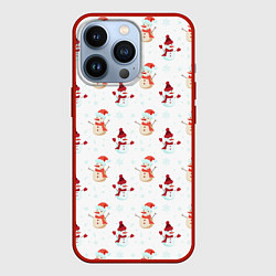 Чехол для iPhone 13 Pro Снеговики и снежинки, цвет: 3D-красный