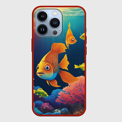 Чехол iPhone 13 Pro Оранжевые рыбки и кораллы под водой / 3D-Красный – фото 1