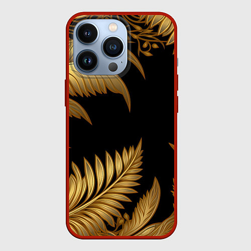Чехол iPhone 13 Pro Золотые объемные листья узоры / 3D-Красный – фото 1