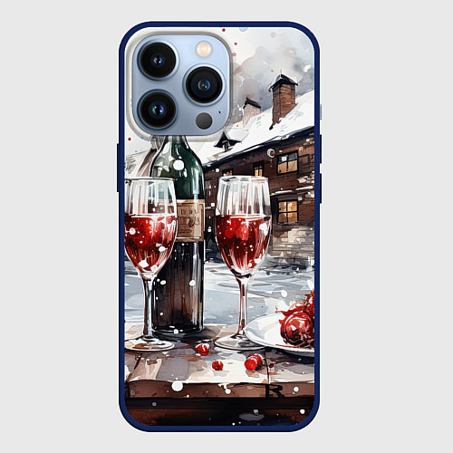 Чехол iPhone 13 Pro Новогодние напитки на фоне зимнего пейзажа / 3D-Тёмно-синий – фото 1