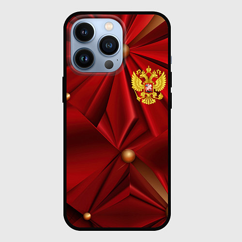 Чехол iPhone 13 Pro Золотой герб России на красной абстракции / 3D-Черный – фото 1