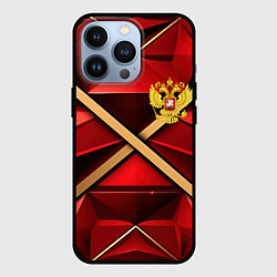 Чехол iPhone 13 Pro Герб России на красном абстрактном фоне