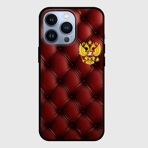 Чехол iPhone 13 Pro Золотой герб России на красном кожаном фоне / 3D-Черный – фото 1