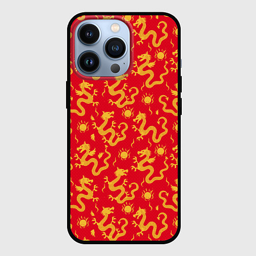 Чехол iPhone 13 Pro Золотые драконы на красном фоне / 3D-Черный – фото 1