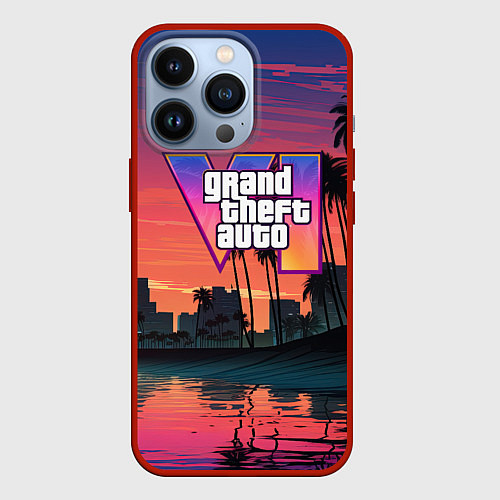 Чехол iPhone 13 Pro GTA 6 лого на фоне заката / 3D-Красный – фото 1