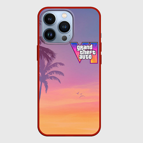 Чехол iPhone 13 Pro Gta 6 пальмы и птицы / 3D-Красный – фото 1