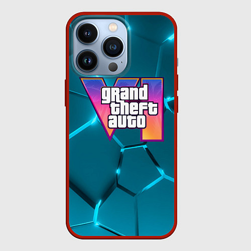 Чехол iPhone 13 Pro GTA 6 лого на фоне разлома голубых плит / 3D-Красный – фото 1