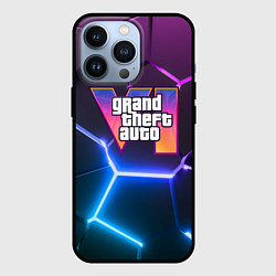 Чехол для iPhone 13 Pro GTA 6 лого на фоне разлома фиолетовых и синих плит, цвет: 3D-черный