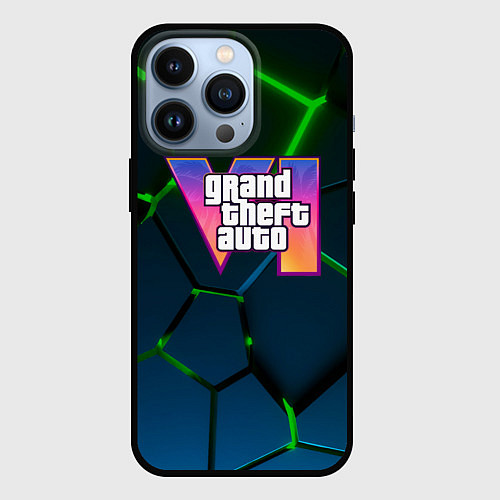 Чехол iPhone 13 Pro GTA 6 лого на фоне разлома зеленых плит / 3D-Черный – фото 1