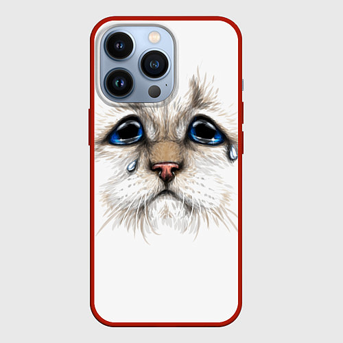 Чехол iPhone 13 Pro Белый плачущий кот / 3D-Красный – фото 1