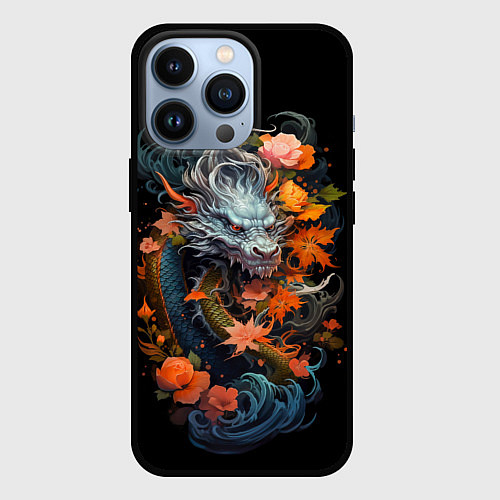 Чехол iPhone 13 Pro Китайский дракон с цветами и волнами / 3D-Черный – фото 1