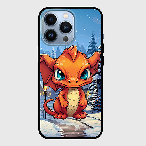 Чехол iPhone 13 Pro Новогодний оранжевый дракон / 3D-Черный – фото 1
