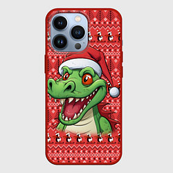 Чехол iPhone 13 Pro Зеленый дракон на красном новогоднем фоне