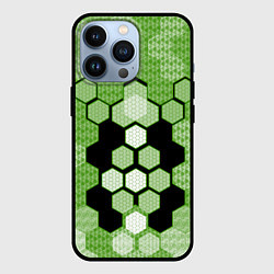 Чехол iPhone 13 Pro Зелёная кибер броня hexagons