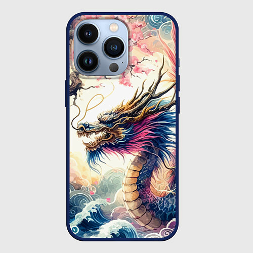 Чехол iPhone 13 Pro Japanese dragon and sakura - engraving / 3D-Тёмно-синий – фото 1