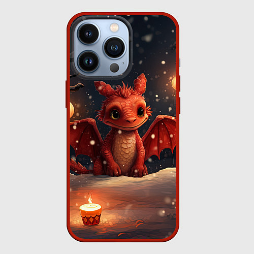Чехол iPhone 13 Pro Дракоша в лесу с фонариками / 3D-Красный – фото 1