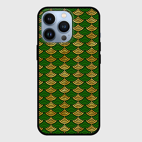 Чехол iPhone 13 Pro Зелёно-золотая чешуя / 3D-Черный – фото 1