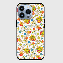 Чехол iPhone 13 Pro Хохломская роспись разноцветные цветы на белом фон