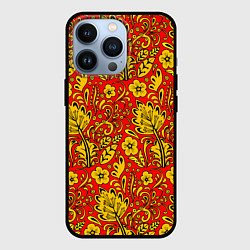 Чехол iPhone 13 Pro Хохломская роспись золотистые цветы на красном фон