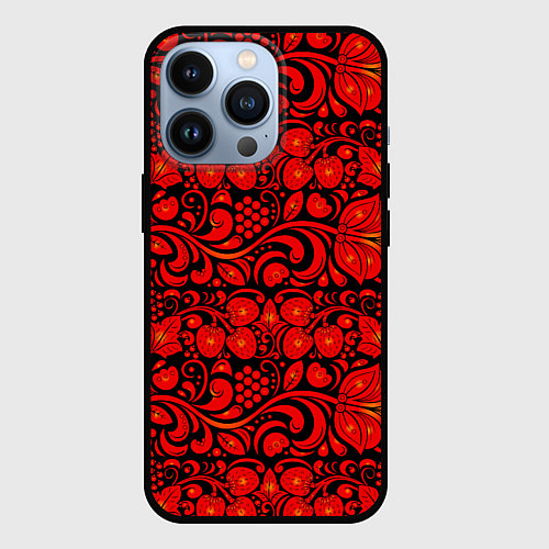 Чехол iPhone 13 Pro Хохломская роспись красные цветы и ягоды на чёрном / 3D-Черный – фото 1