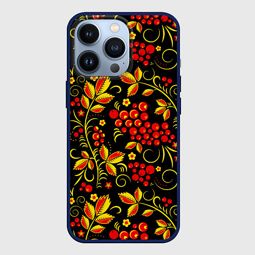 Чехол iPhone 13 Pro Хохломская роспись золотистые листья чёрном фоне / 3D-Тёмно-синий – фото 1