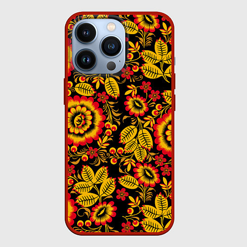 Чехол iPhone 13 Pro Хохломская роспись золотистые листья и цветы чёрно / 3D-Красный – фото 1