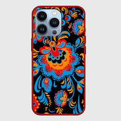 Чехол iPhone 13 Pro Хохломская роспись разноцветные цветы на чёроном ф