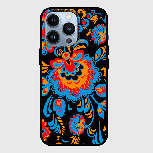 Чехол iPhone 13 Pro Хохломская роспись разноцветные цветы на чёроном ф / 3D-Черный – фото 1