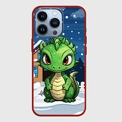 Чехол iPhone 13 Pro Маленький зеленый новогодний дракон на фоне снега