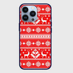 Чехол для iPhone 13 Pro Новый год ели и олени на красном фоне, цвет: 3D-тёмно-синий