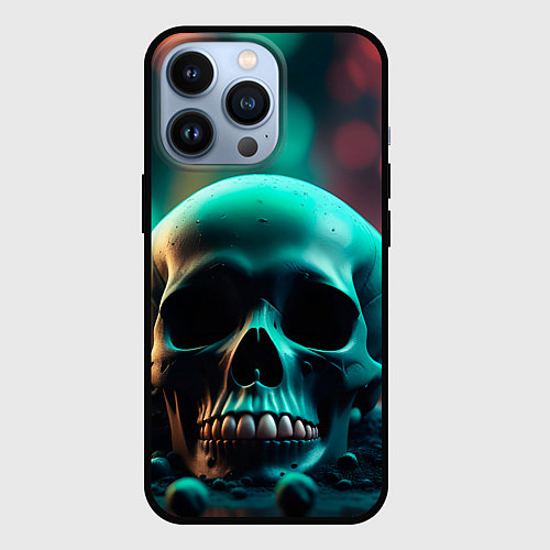 Чехол iPhone 13 Pro Бирюзовый череп среди стеклянных шаров и боке / 3D-Черный – фото 1