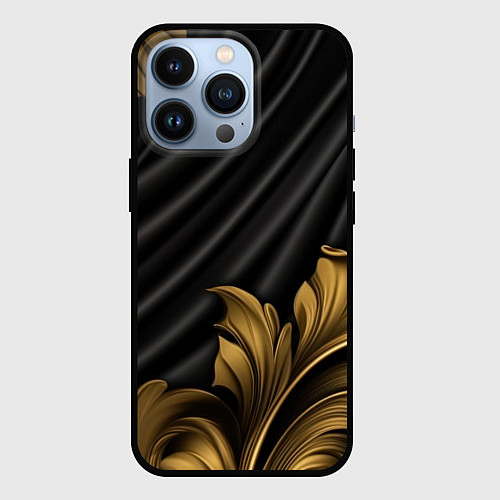 Чехол iPhone 13 Pro Лепнина золотые узоры на черной ткани / 3D-Черный – фото 1