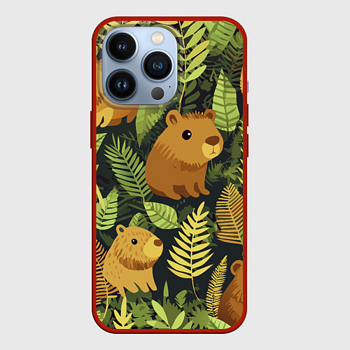 Чехол iPhone 13 Pro Капибары - лесной маскировочный камуфляж / 3D-Красный – фото 1