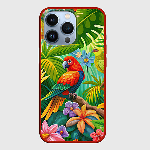 Чехол iPhone 13 Pro Попугаи - экзотические птицы / 3D-Красный – фото 1