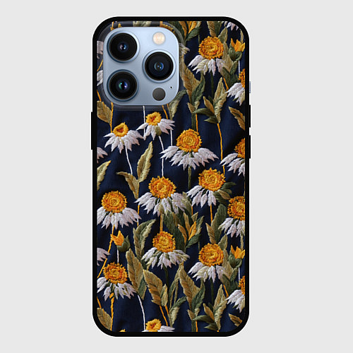 Чехол iPhone 13 Pro Вышитые ромашки / 3D-Черный – фото 1