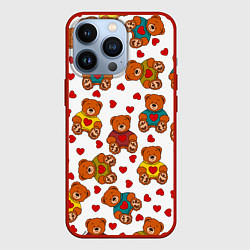 Чехол для iPhone 13 Pro Мишки игрушки в свитерах и сердечки, цвет: 3D-красный