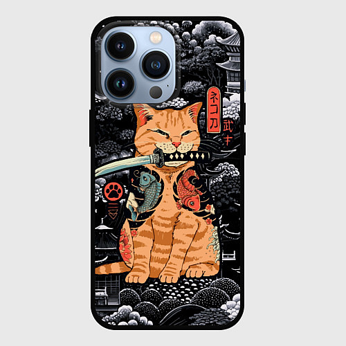 Чехол iPhone 13 Pro Рыжий кот самурай с саблей / 3D-Черный – фото 1