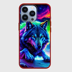 Чехол для iPhone 13 Pro Неоновый волк - северное сияние, цвет: 3D-красный