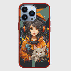 Чехол для iPhone 13 Pro Красивая девочка-аниме с котенком, цвет: 3D-красный
