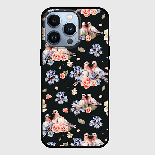 Чехол iPhone 13 Pro Голуби с розами и ирисами black / 3D-Черный – фото 1