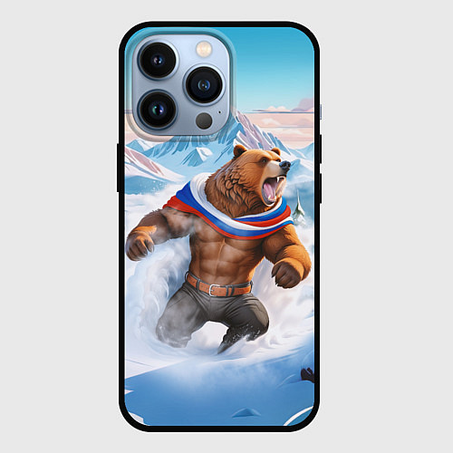 Чехол iPhone 13 Pro Медведь с триколором / 3D-Черный – фото 1