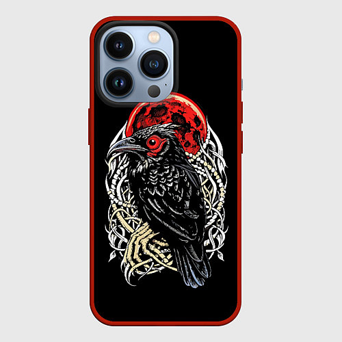 Чехол iPhone 13 Pro Черный ворон красная луна / 3D-Красный – фото 1
