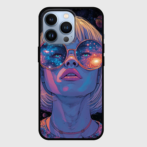 Чехол iPhone 13 Pro Девушка в очках в космосе / 3D-Черный – фото 1