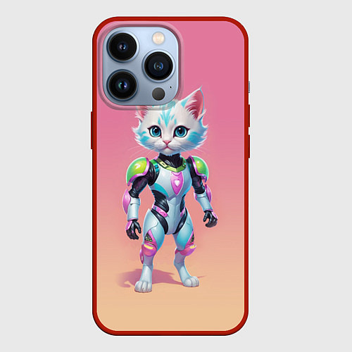 Чехол iPhone 13 Pro Funny kitten - cyberpunk / 3D-Красный – фото 1