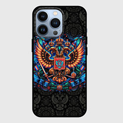 Чехол для iPhone 13 Pro Золотой неоновый герб России, цвет: 3D-черный