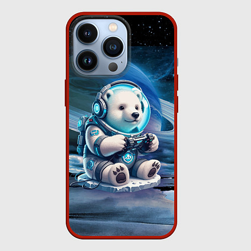 Чехол iPhone 13 Pro Белый медвежонок кибер геймер / 3D-Красный – фото 1