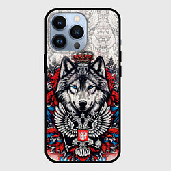 Чехол для iPhone 13 Pro Белый волк и белый герб России, цвет: 3D-черный