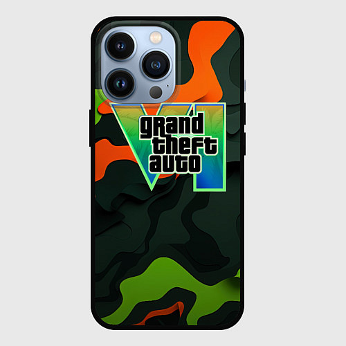 Чехол iPhone 13 Pro Gta лого зелено-оранжевый камуфляж / 3D-Черный – фото 1